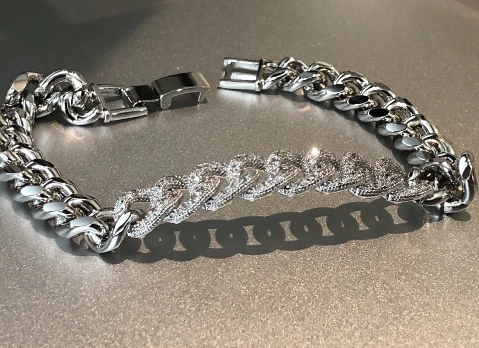 18K Platinum Plated Cuban Chain Bracelet Simulated Diamond Elegant Festival Gift
