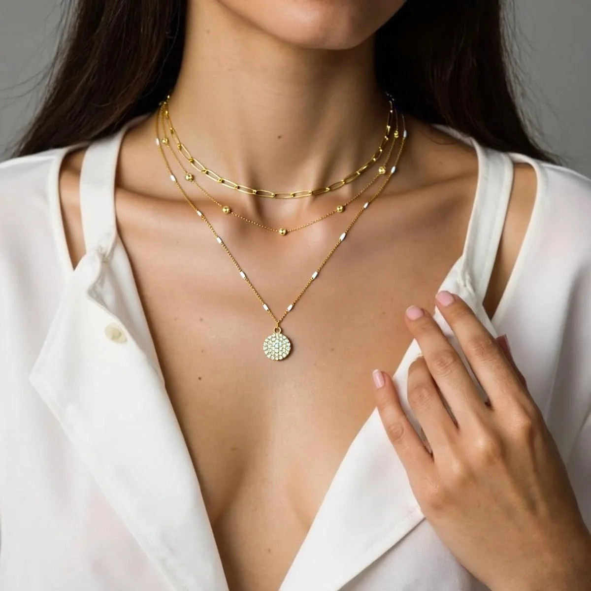 Layered Gold Necklace Stack for Women, 18K Gold Plated Stainless Steel Hypoaller