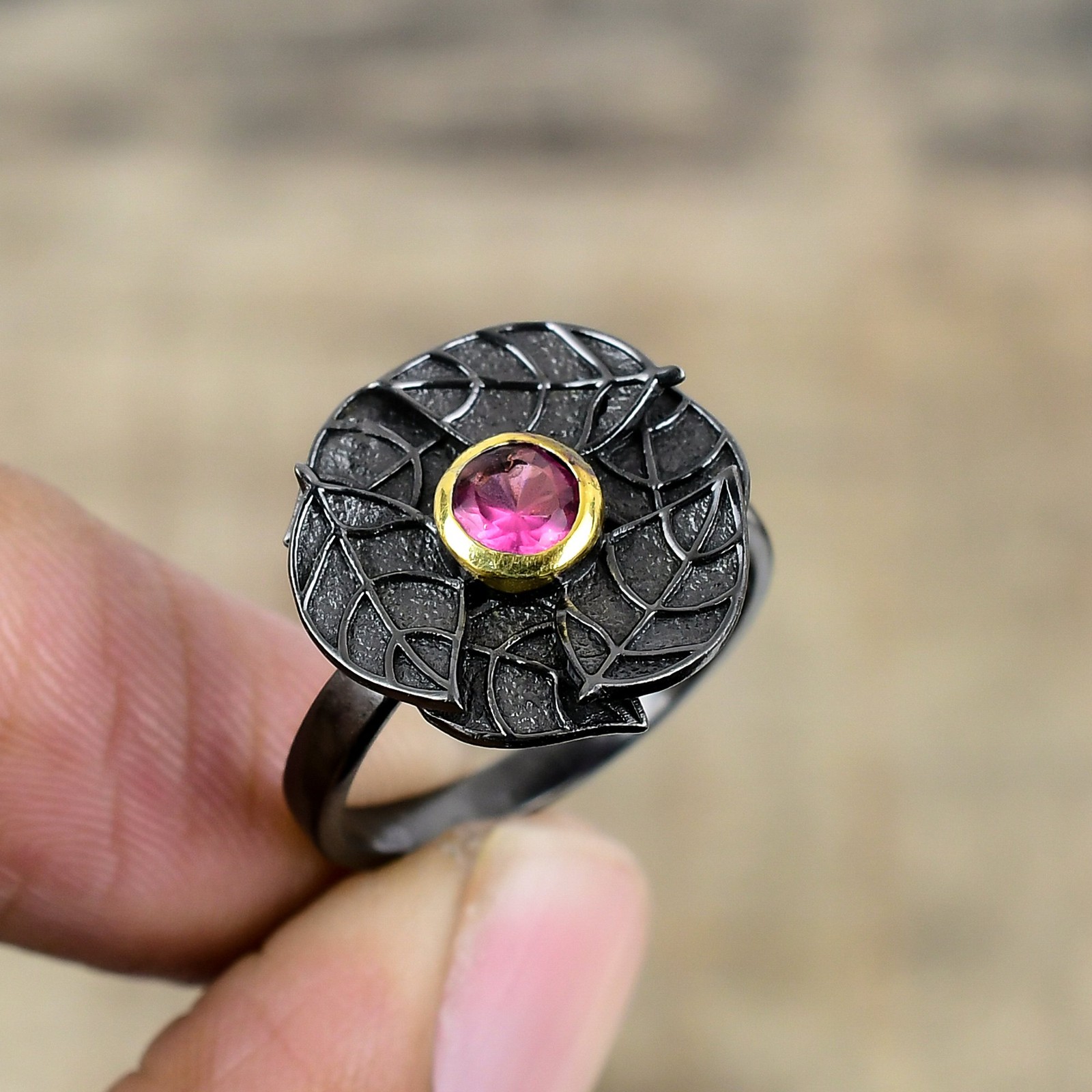 Pink Rubellite Tourmaline Black And Gold Plated 925 Sterling Silver Ring S.9 R17