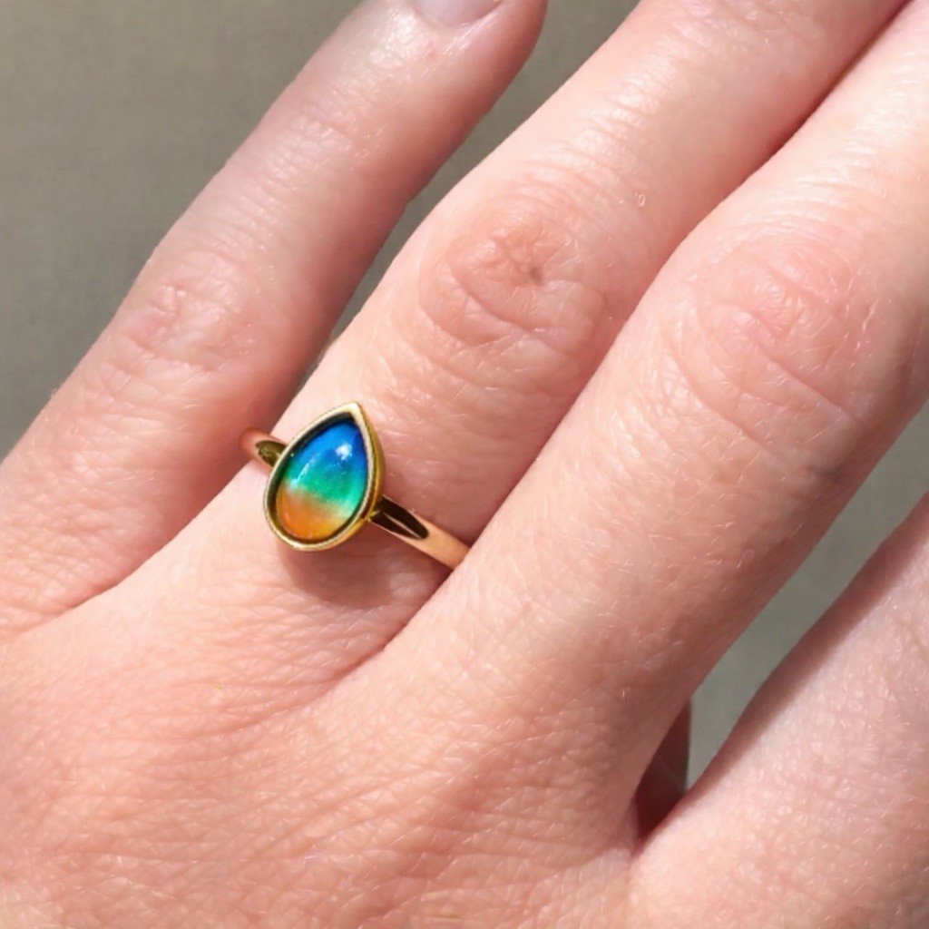 Teardrop Stone Pear Shape Bezel Stainless Steel Gold Mood Ring Size 10