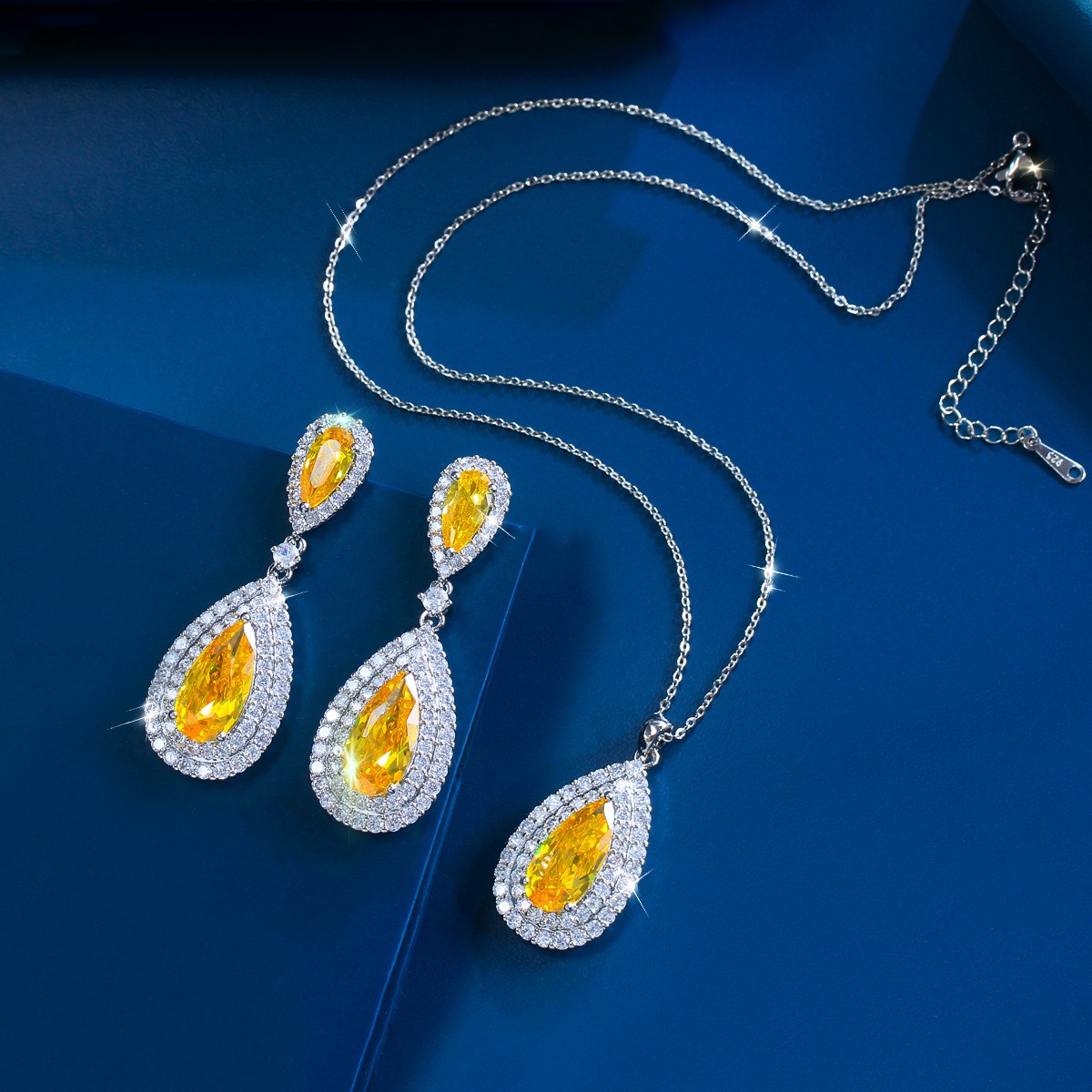 Silver Plated Long Teardrop Drop Earrings Necklace Women Zircon Jewelry Set Gift