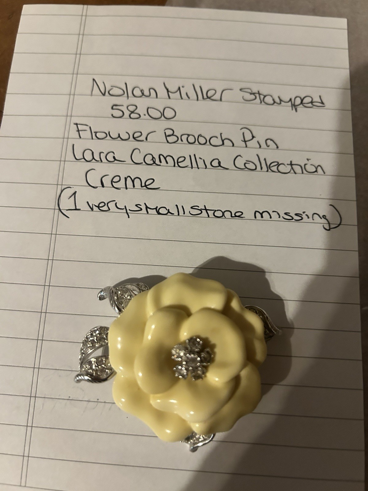 Nolan Miller Vintage Signed Flower Brooch Pin Cream Silver Clear Rhinestones