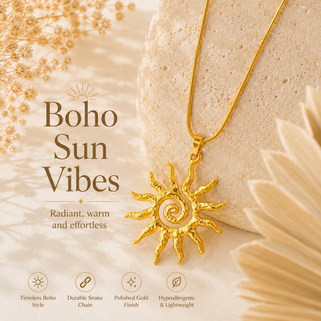 Gold Spiral Sun Necklace Stainless Steel Boho Celestial Pendant Women Jewelry