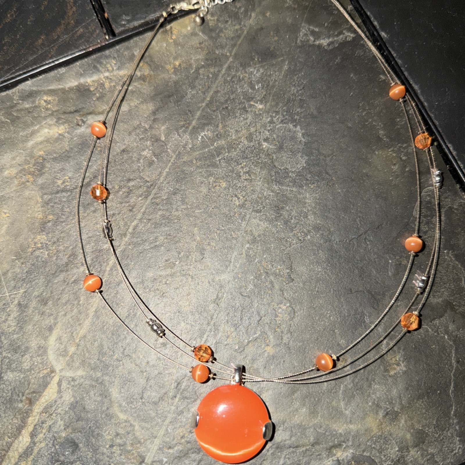 Multi Strand Wire Necklace Orange Pendant Beaded Station Necklace Adjustable