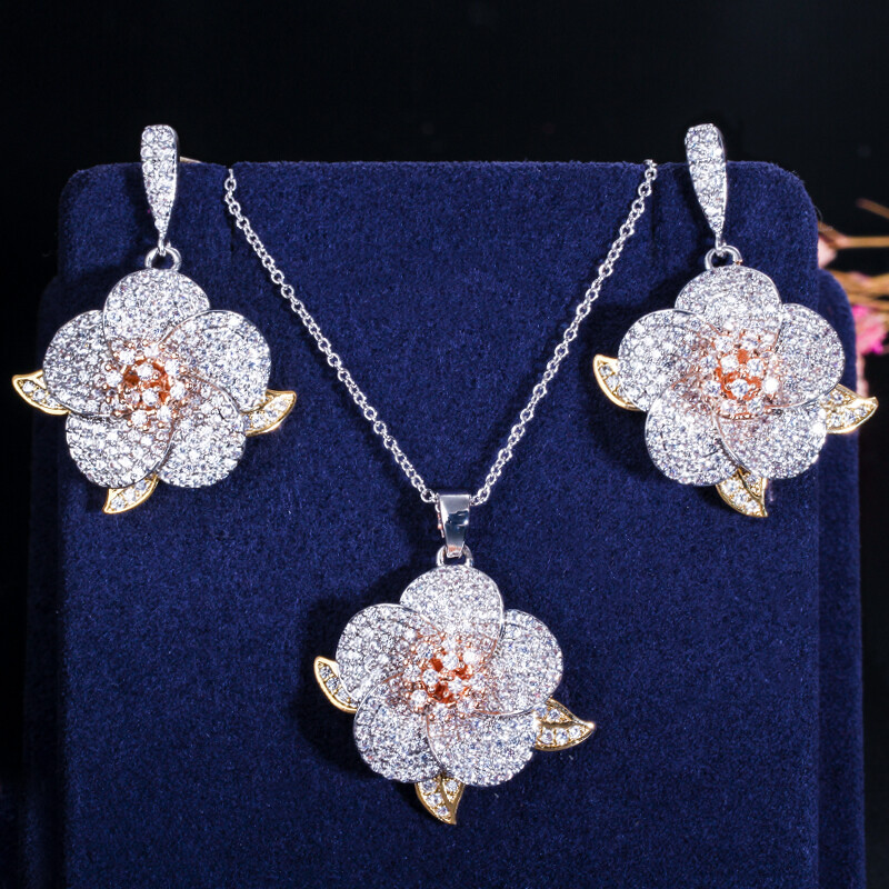 CWWZircons Silver Rose Gold Plated CZ Lady Flower Pendant Necklace Earrings Sets