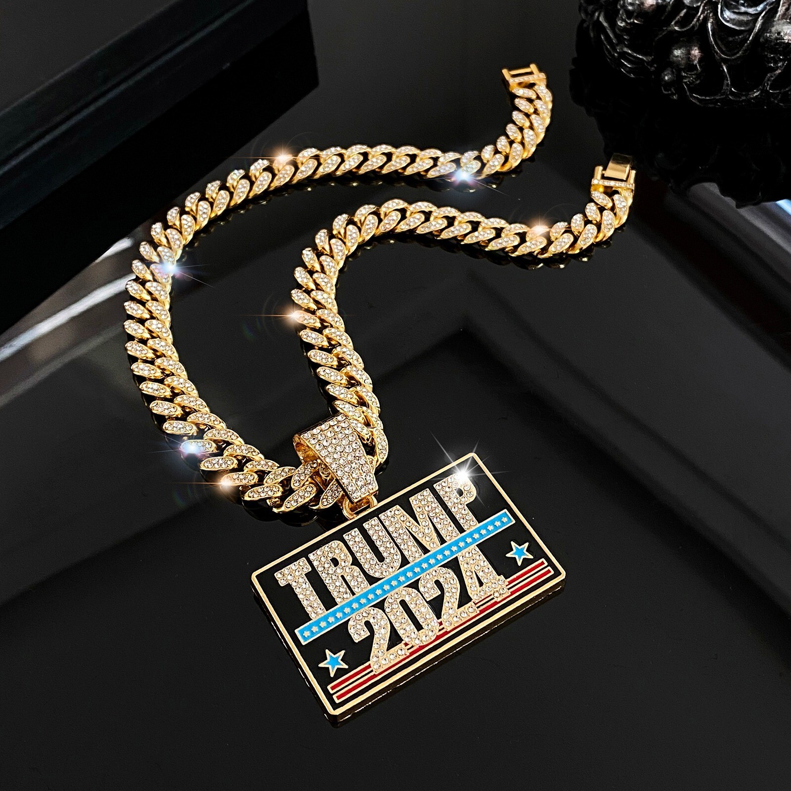 Trump 2024 GEM NECKLACE Gold/Silver Bling Hip Hop Pendant & 24” Chain MAGA