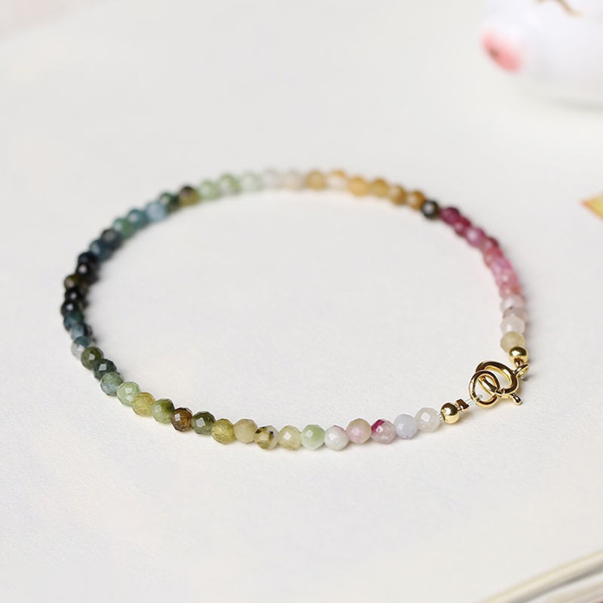 Rainbow Tourmaline Crystal Gemstone Dainty Bracelet Minimalist 2mm Faceted Beads