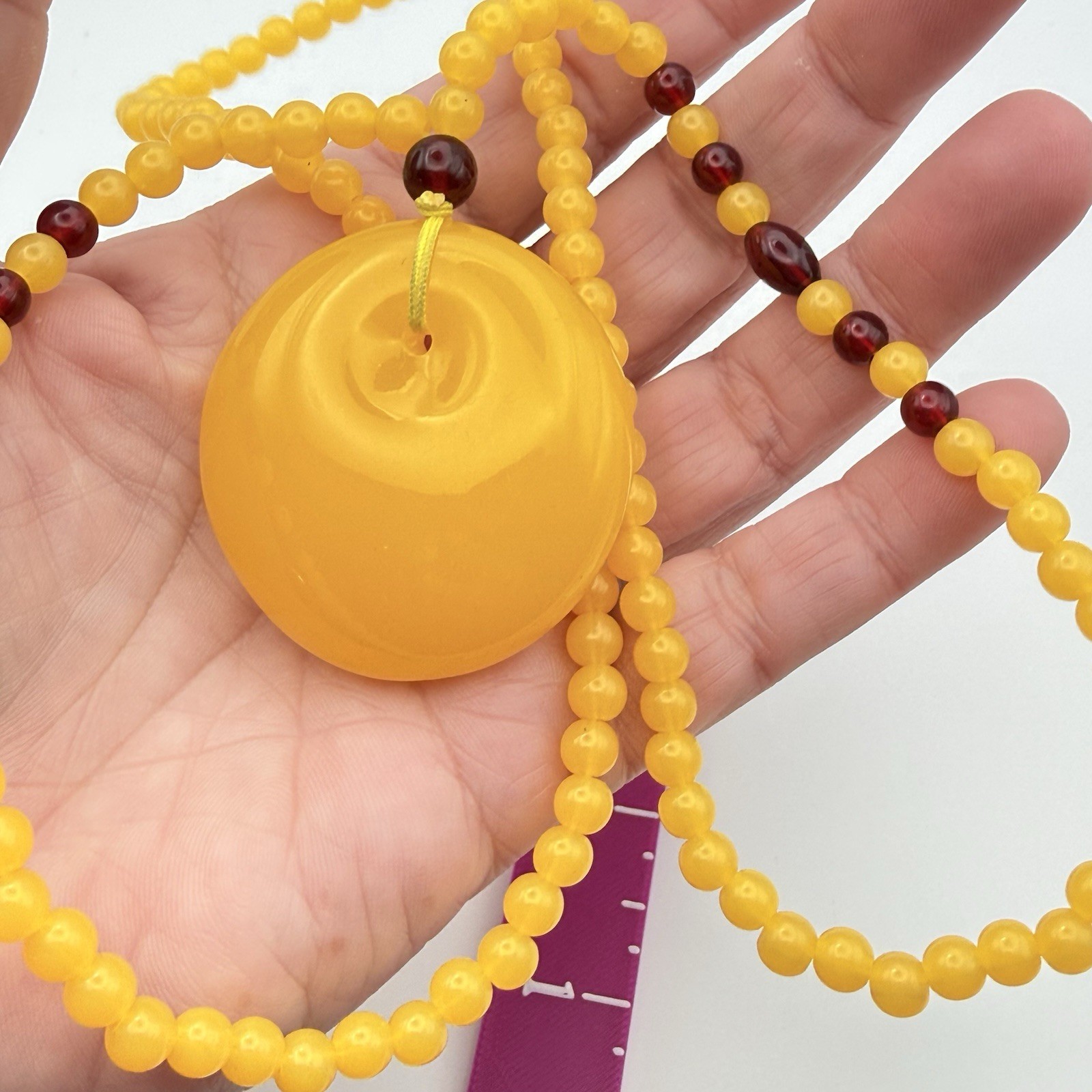 Retro Yellow Plastic Beaded Necklace Large Disc Pendant Statement Boho