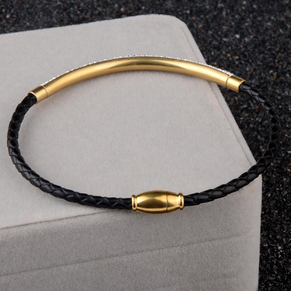 Stainless Steel Leather Bracelet Rhinestone Crystal Bangle with Magnetic Clasp