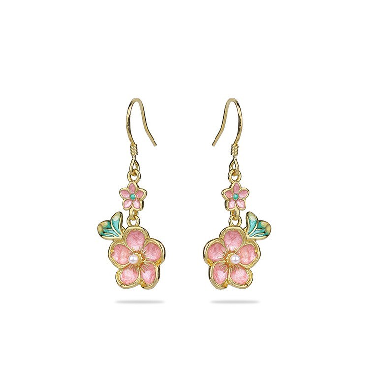 Pearl Enamel Dangle Earrings Boho Pink Flower Dainty Gemstone 18K Gold Plated