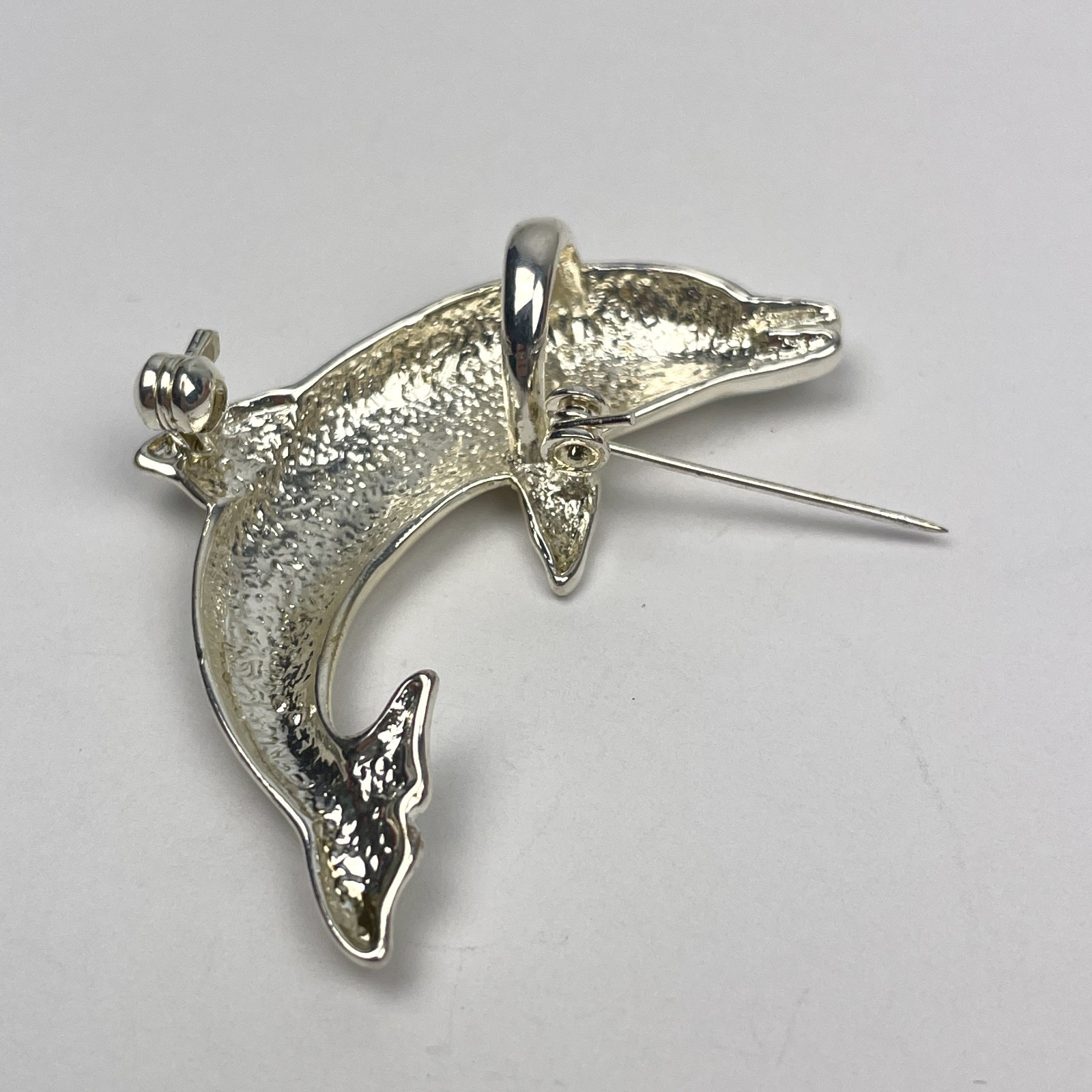 VTG Silver Tone Dolphin Brooch Pin Pendant Combo Leaping Textured Back Unsigned