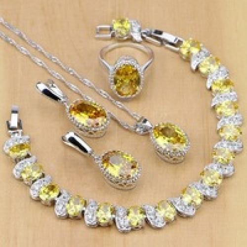 925 Silver Champagne Zircon Bridal Jewelry Set Necklace Earrings Ring Bracelet