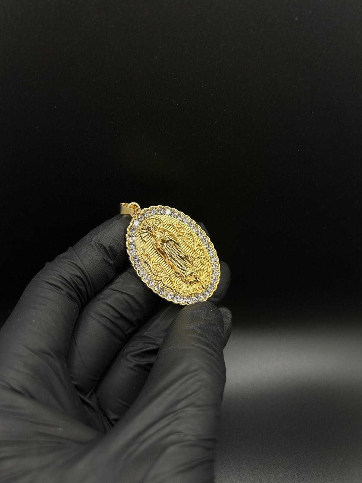 Iced Out Virgin Mary Pendant Gold Plated CZ Halo Religious Oval Charm Medallion