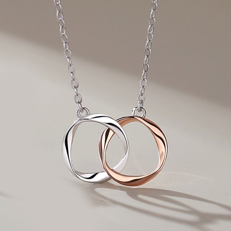 Interlocking Mobius Ring Couple Matching Necklace in 925 Sterling Silver