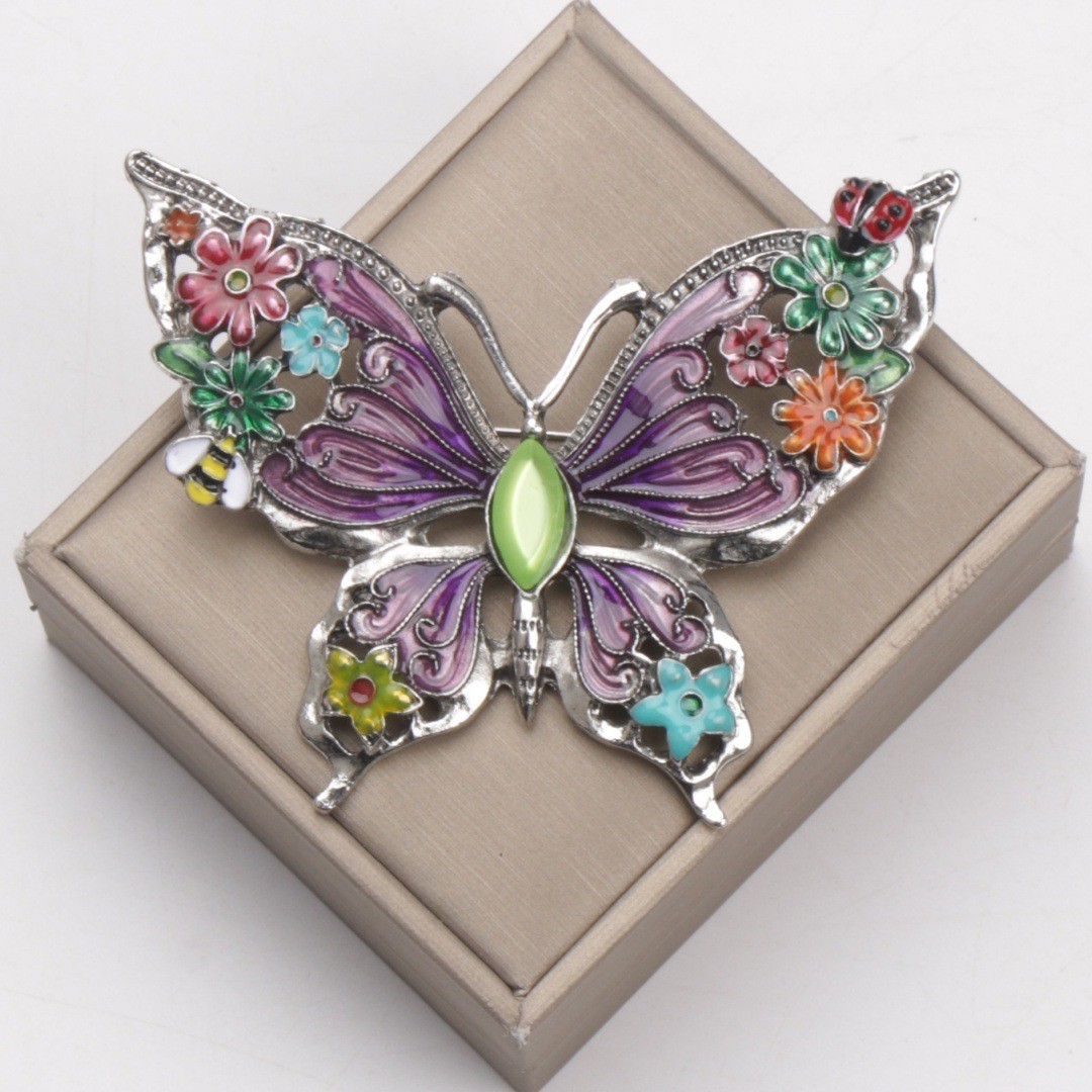 Multicolor Enamel Flower Butterfly Brooch