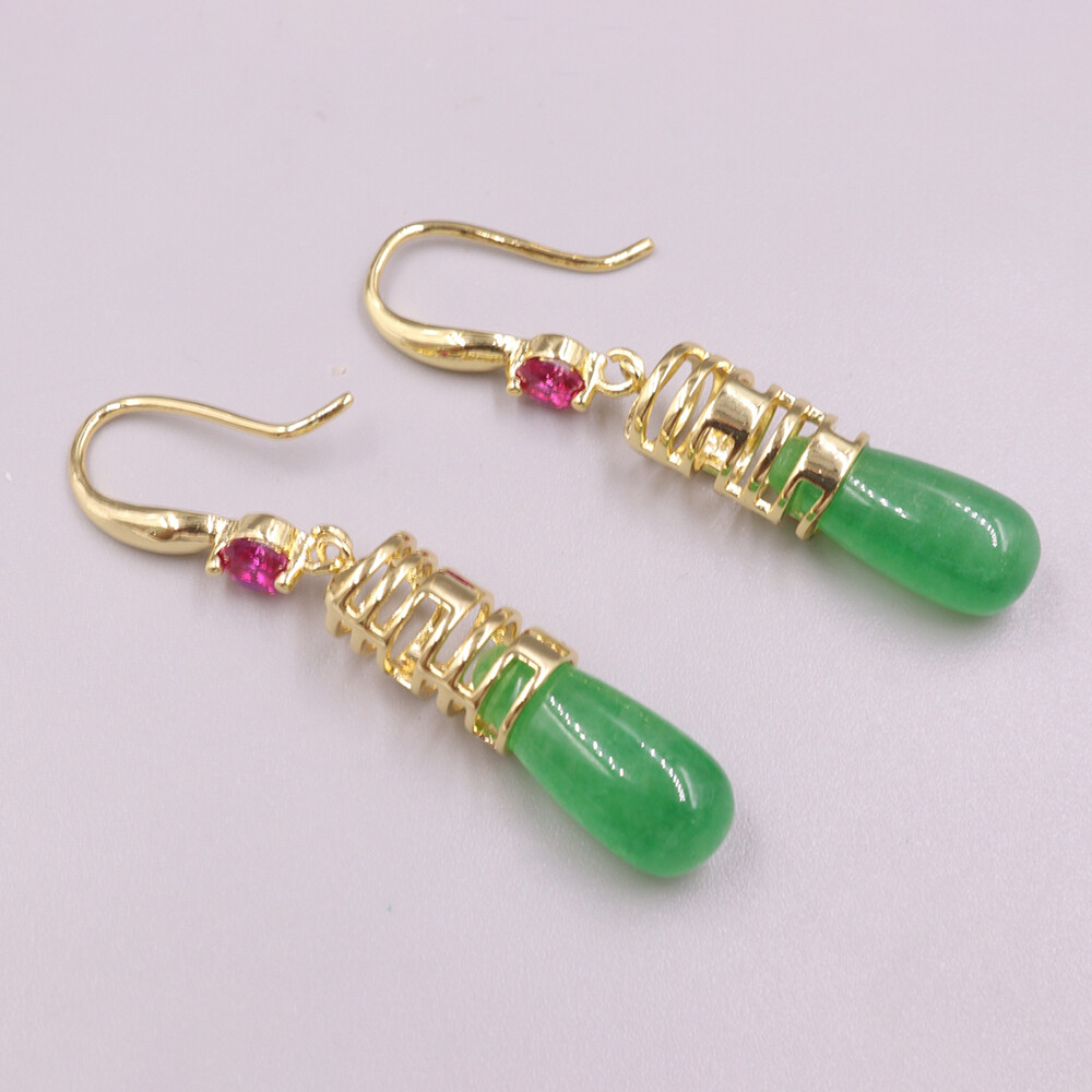 Gold Plated Alloy Heated Green Raindrop Jade Charm Dangle Earrings 40mm H