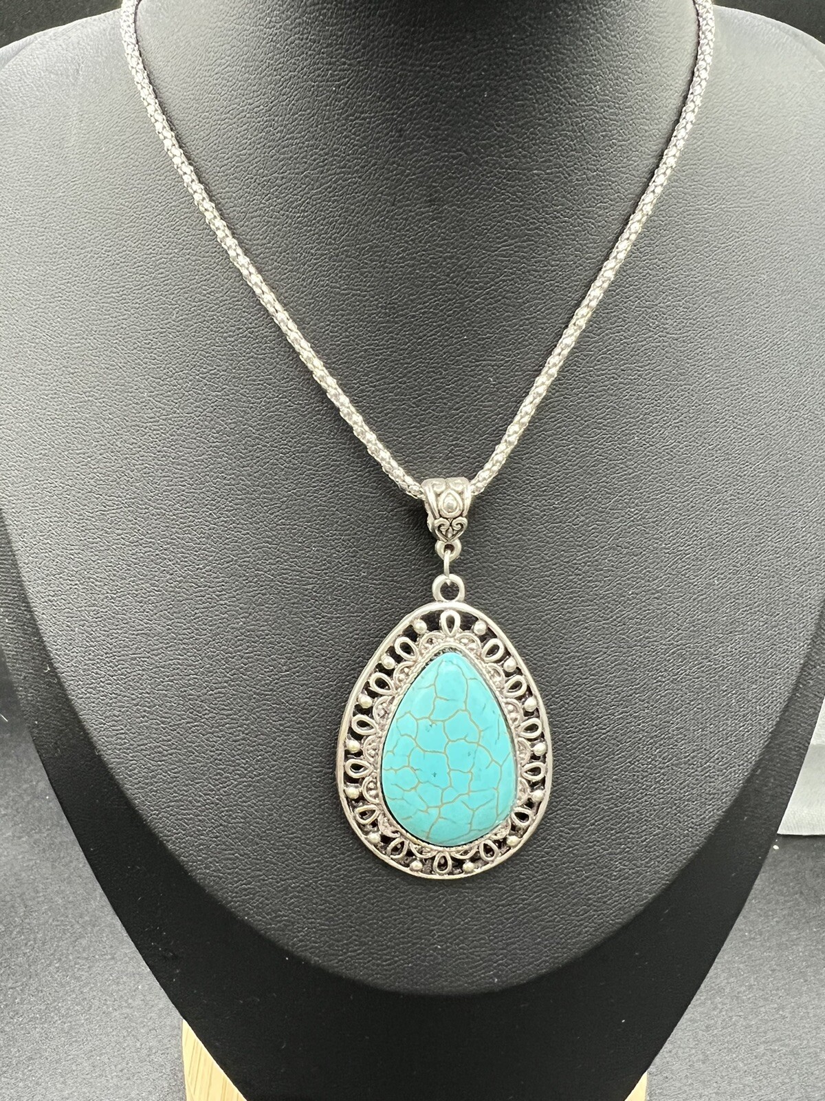 Silver Tone and Faux Turquoise Teardrop Pendant Necklace 18” + 2.5” Extender