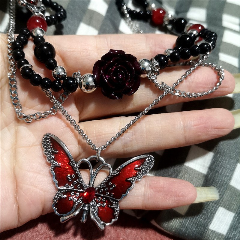 Butterfly Choker Necklace Red Black Beaded Chain Pendant Y2K Punk Alternative