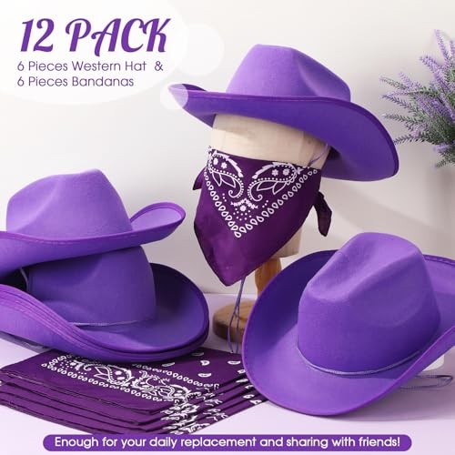 12 Pcs Cowboy Hats with Bandanas, Bulk Adjustable Felt Western Cowgirl Hats