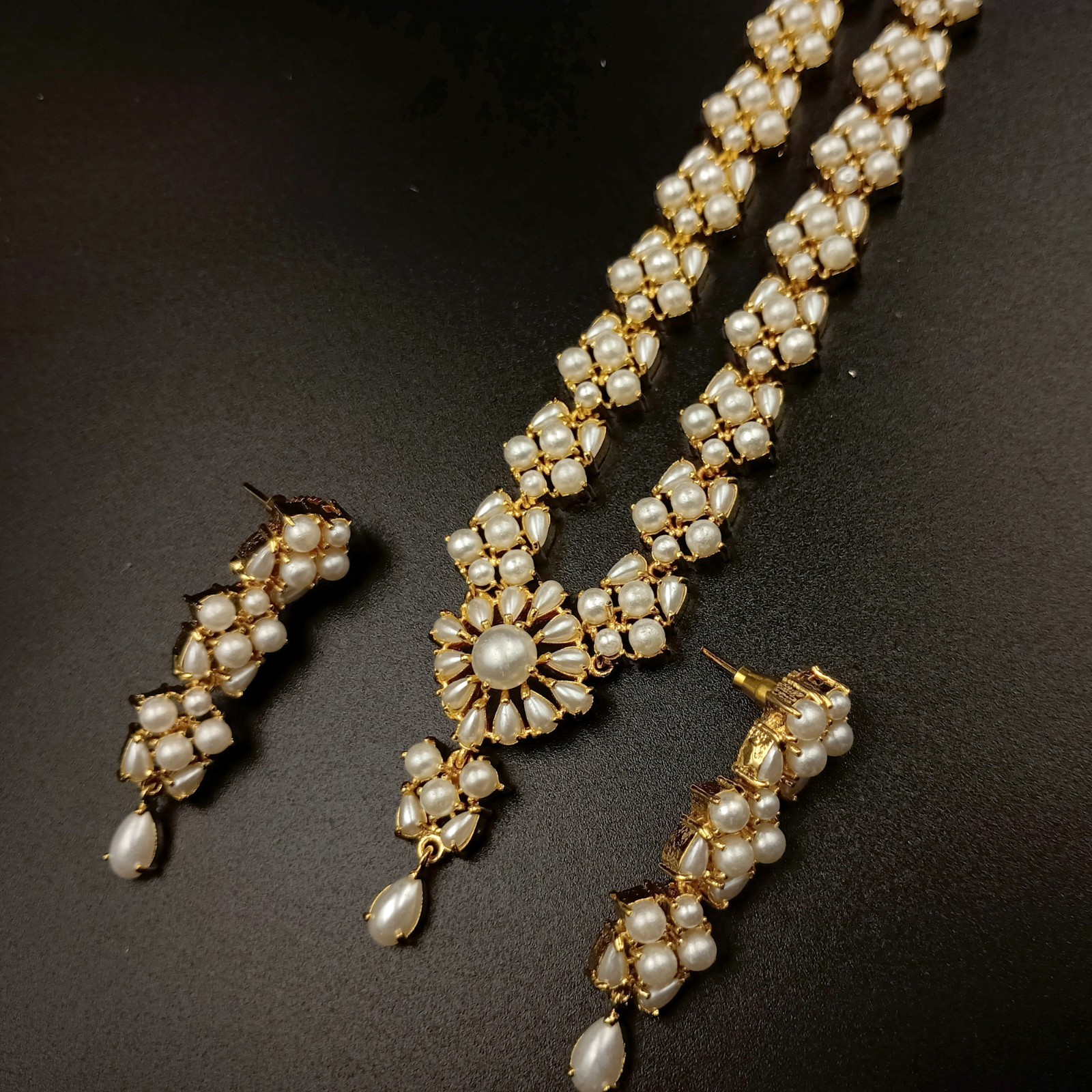 Vintage 22K Gold Plated Pearl Necklace Set Traditional Ethnic Statement Sets