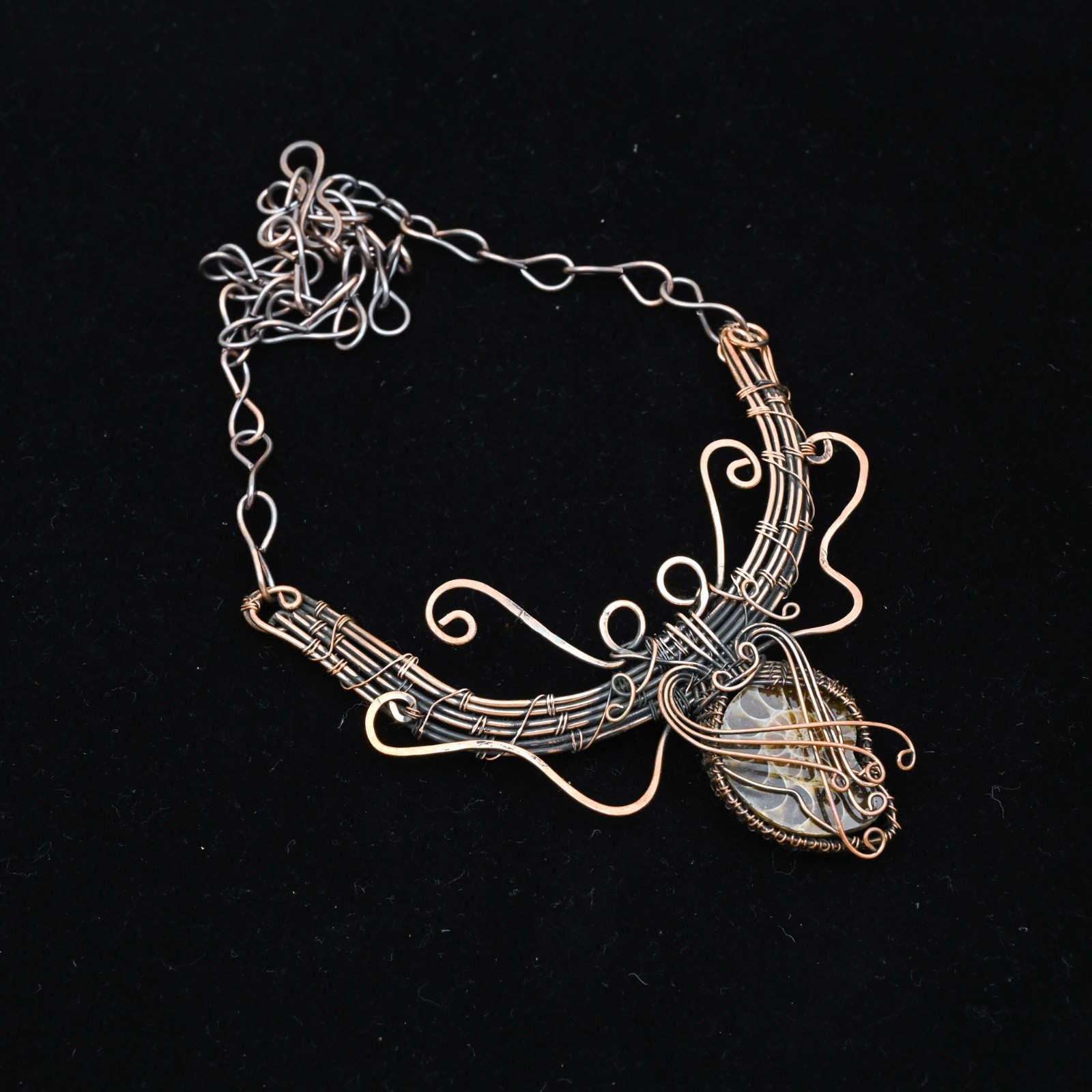 Copper Wire Wrapped Ammonite Pendant Necklace Artisan Handcrafted Necklace