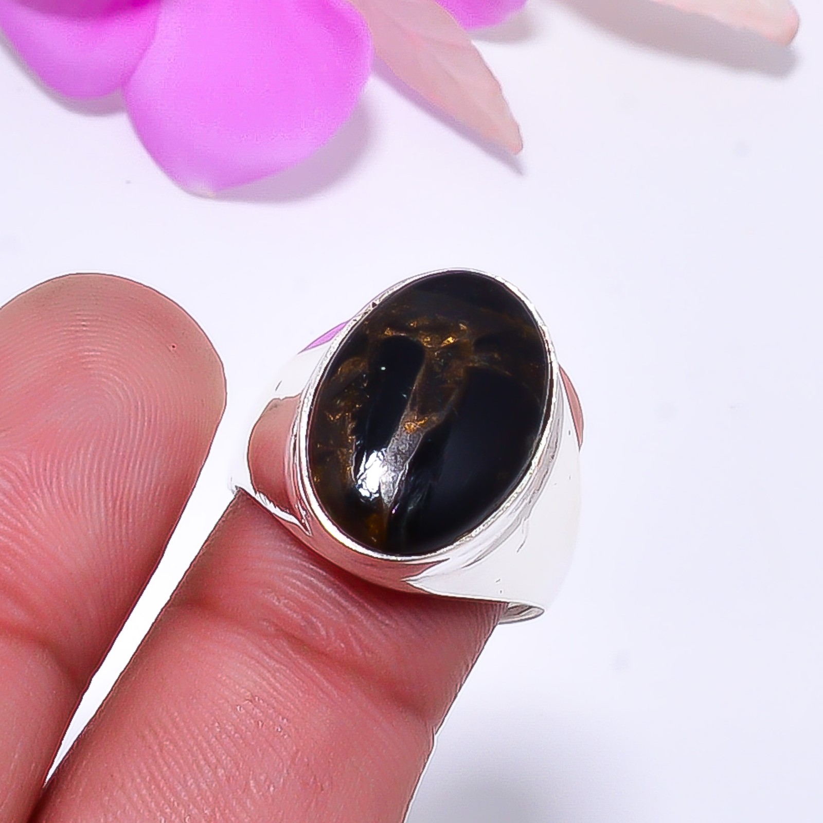 Copper Black Obsidian 925 Sterling Silver Ring S.8 R11526