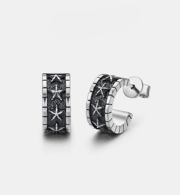 Men’s Retro Hammer Starry Sky Fashion Silver Plated C-shaped Stud Earrings