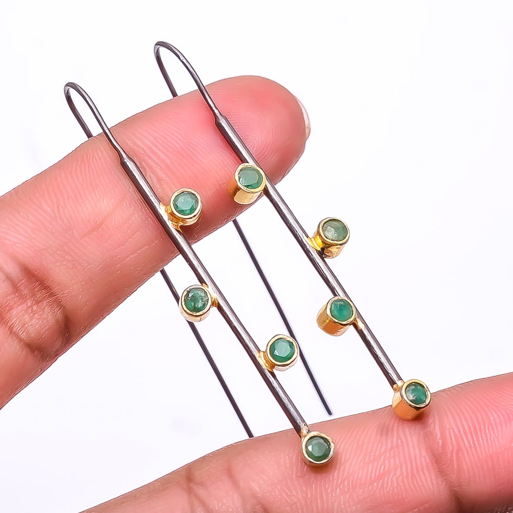 Emerald -Zambia Mines Simulated 925 Silver Black And Gold Plated Earring 2.15″