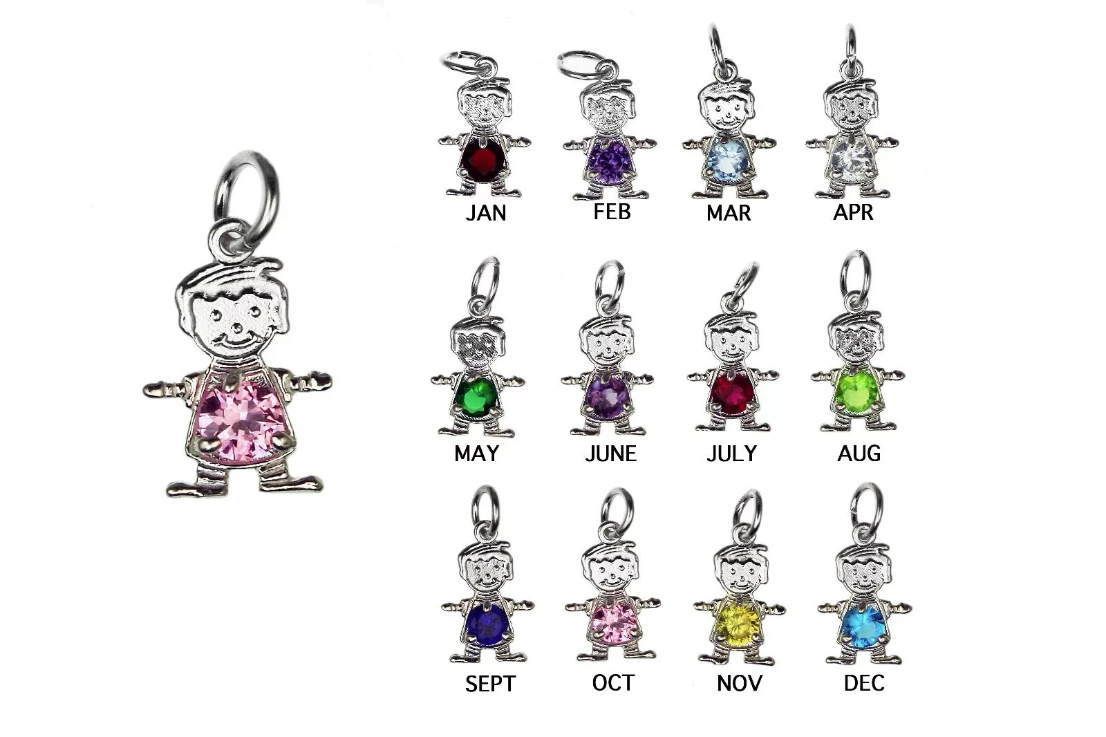 925 Sterling Silver Any Birthstone Color CZ Boy Charm Pendant