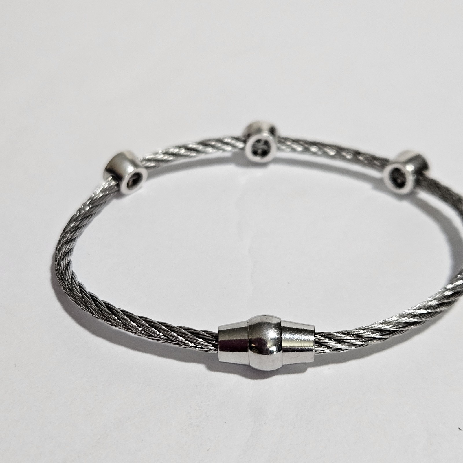 CZ 925 Sterling Silver and Stainless Steel Rope Bracelet Bangle 8 Inch Length