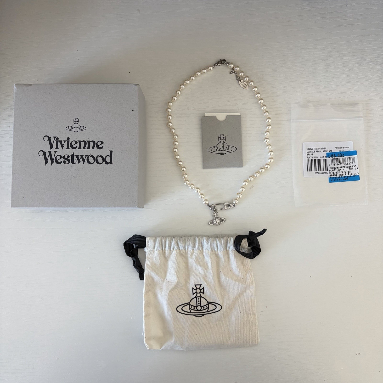 Vivienne Westwood Lucrece Faux Pearl Necklace Silver White Orb Charm Adjustable
