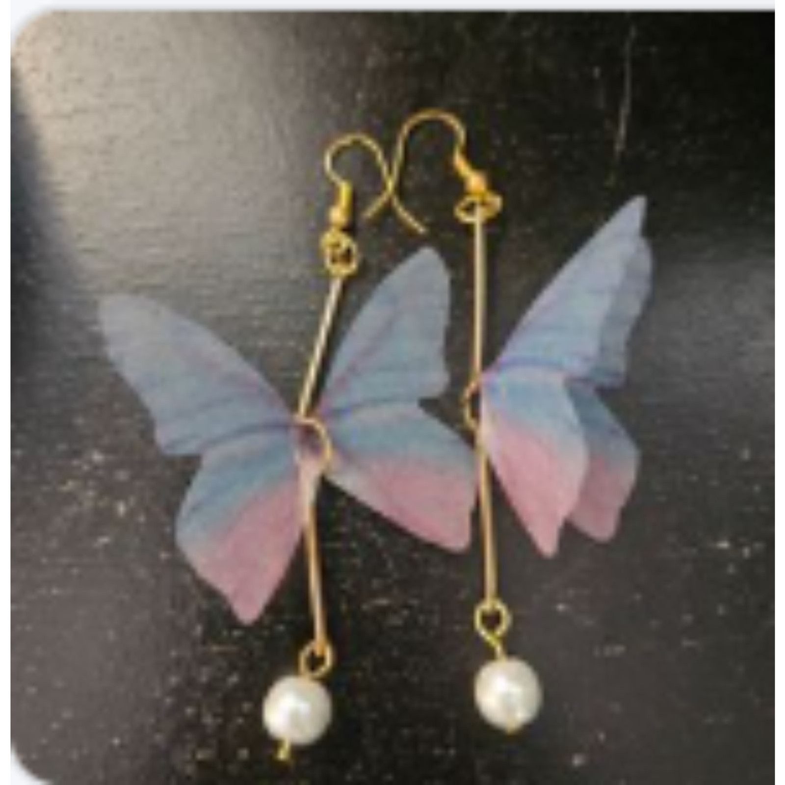 Blue & Pink Sheer 2.5″ Gold Hanging Butterfly Handmade Earrings Brand New