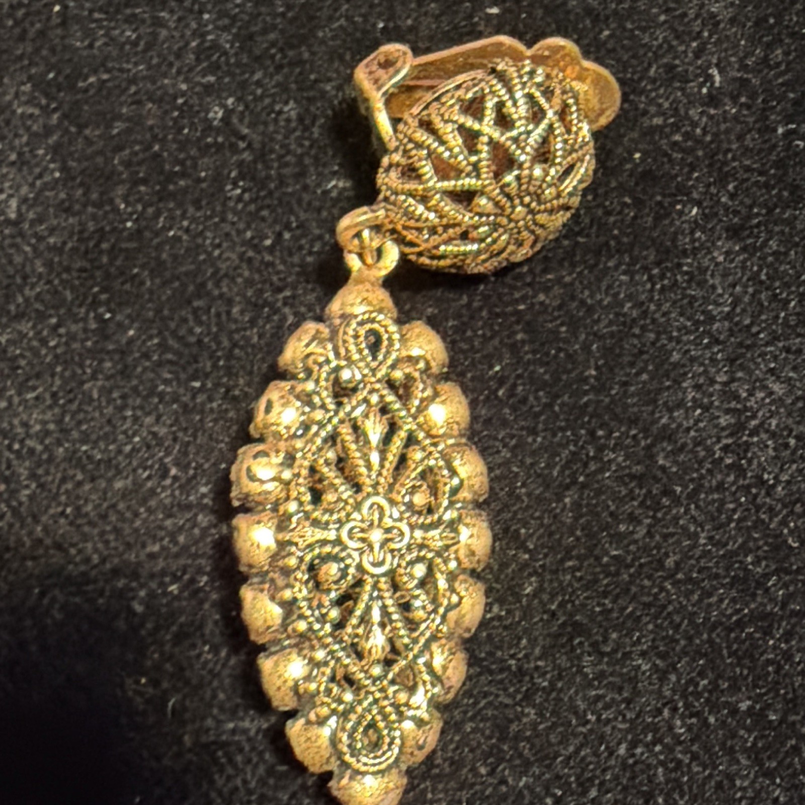 Gold Tone Metal Filigree Oval Dangle/Drop Clip-On Earrings for Lobe