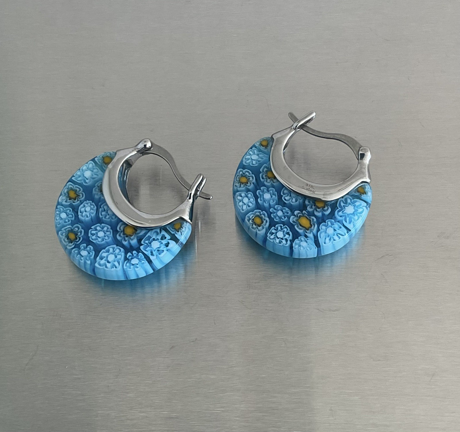 Blue Murano Millefiori Style Daisy Glass 1″ Hoop Earrings Stainless Steel