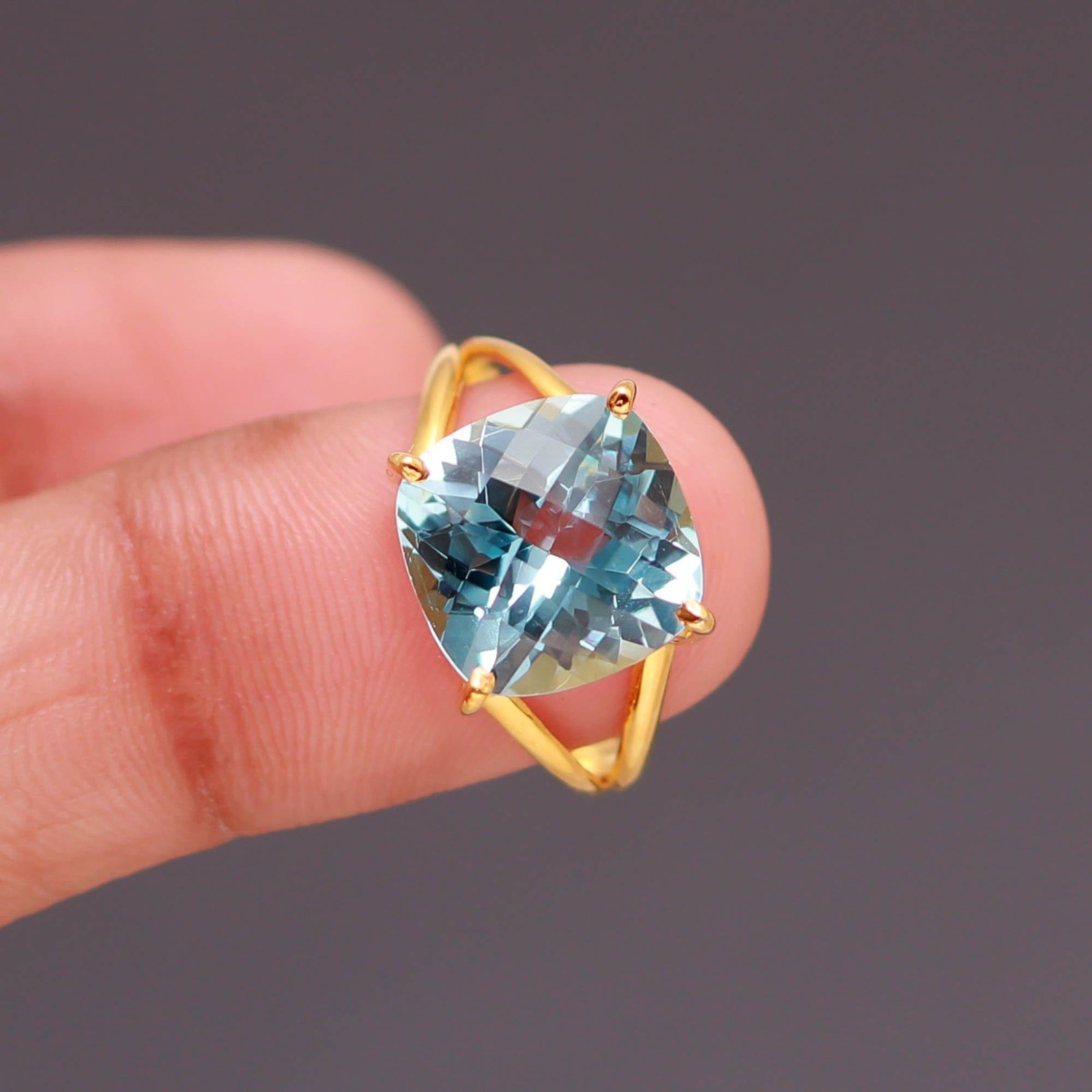 Natural Sky Blue Topaz Cushion Ring 925 Sterling Silver Gold Filled Jewelry