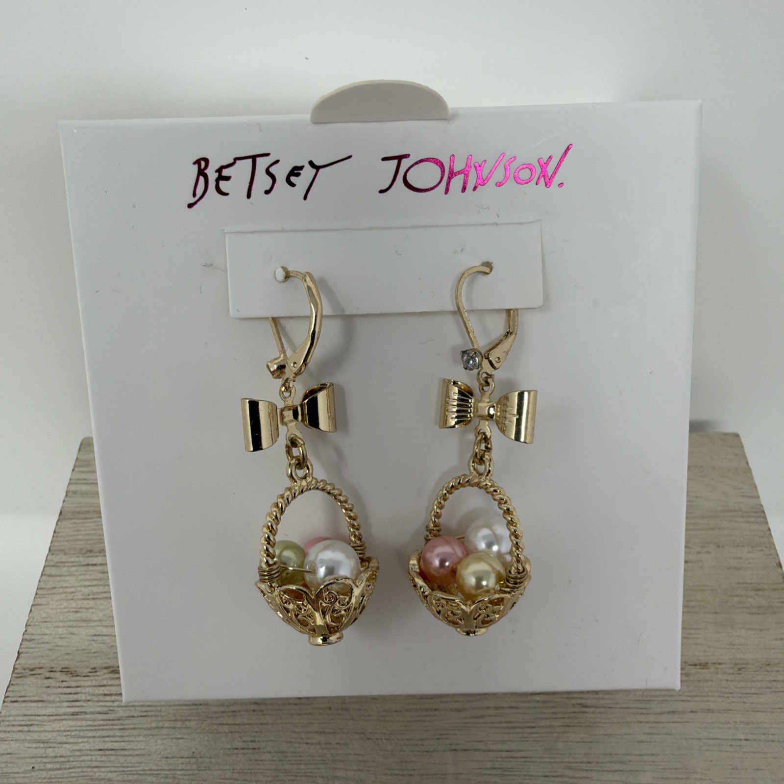 Betsey Johnson Gold Easter Basket Drop Earrings Pearl Eggs Bow Dangle New In Box