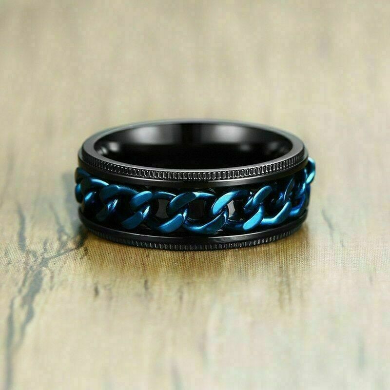 Blue Stainless Chain Size 45120 Black Band Steel Spinner Wedding Men’s Ring 8mm
