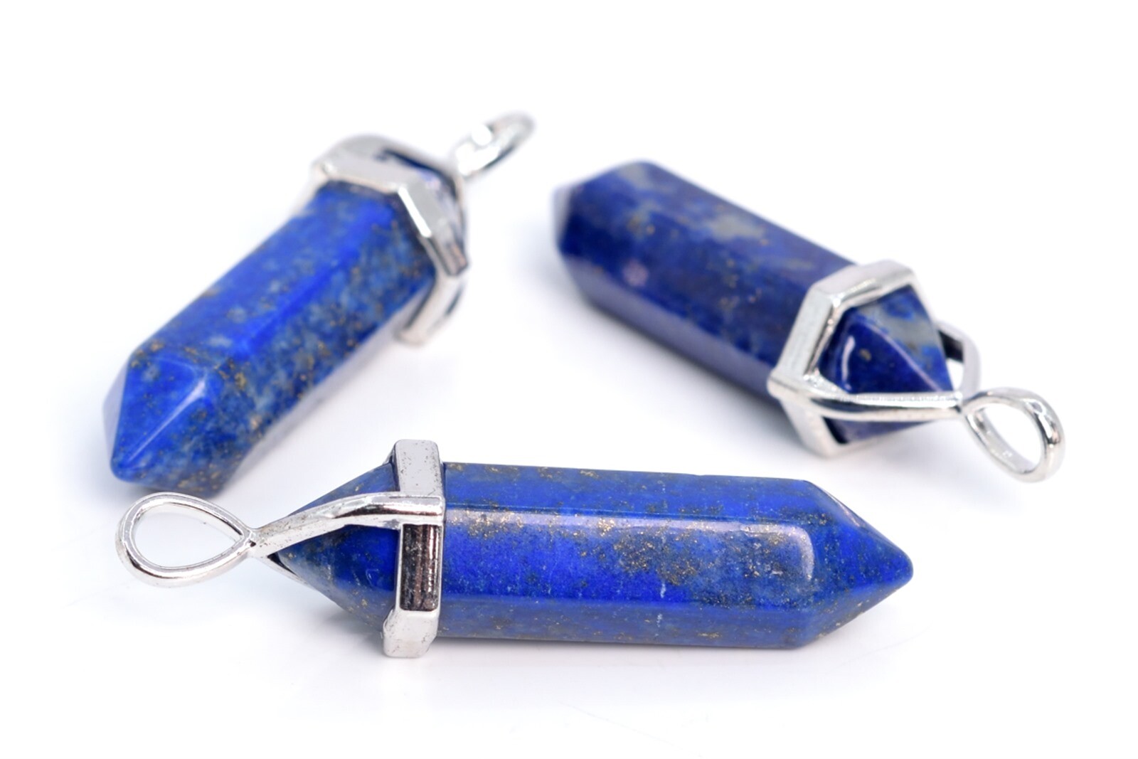 2 Pcs 39x8MM Lapis Lazuli Hexagonal Pointed Pendant A Silver Plated Cap