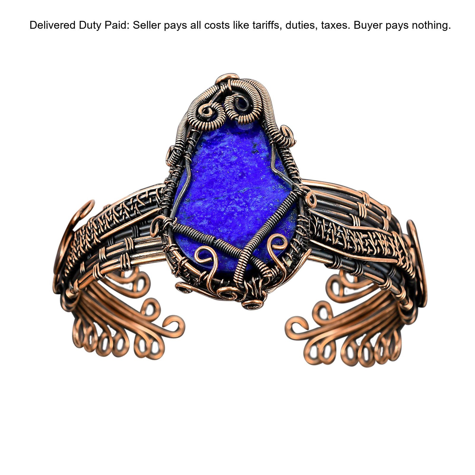 Copper September Lapis Lazuli Gemstone Wire Wrapped Handcrafted Bangle Jewelry