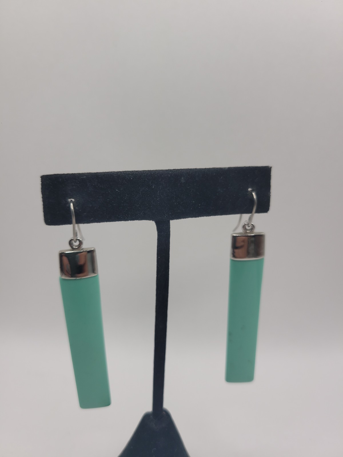 Modern Blue-Green Bar Dangle Earrings Silver Tone Minimalist Geometric Long Drop