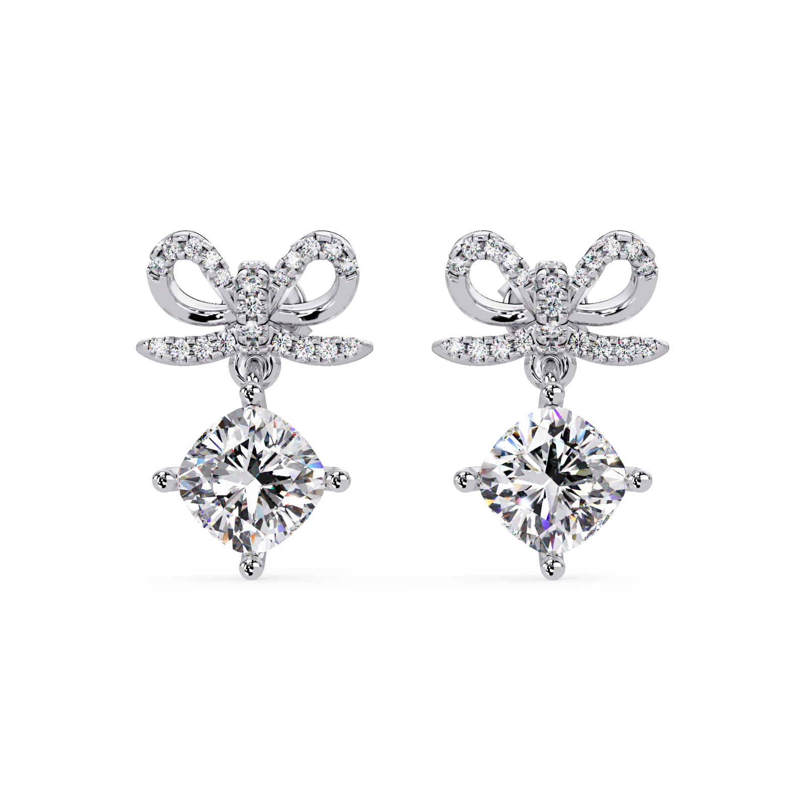 2.15CTW Cushion Lab Grown Diamond Bow Drop Earrings IGI DEF VVS2 925 Silver Stud