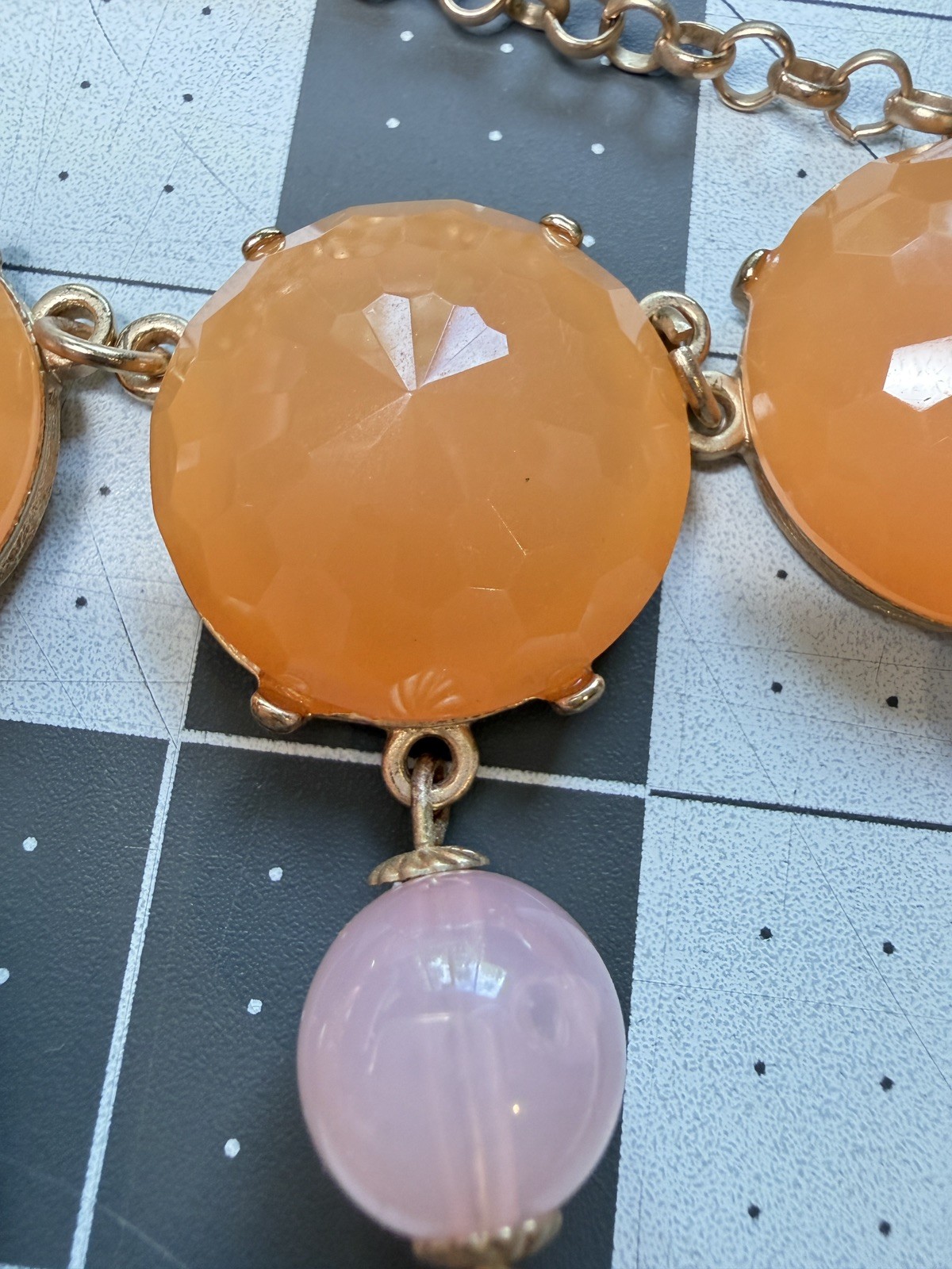 Bold Peach and Pink Chunky Statement Necklace Gold tone Bib Choker