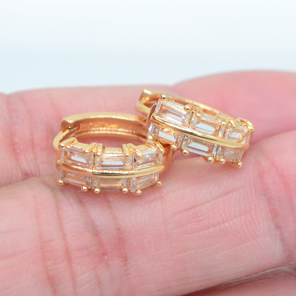 18K Yellow Gold Filled Fashion Multicolor Topaz Baguette Hoop Huggie Earrings
