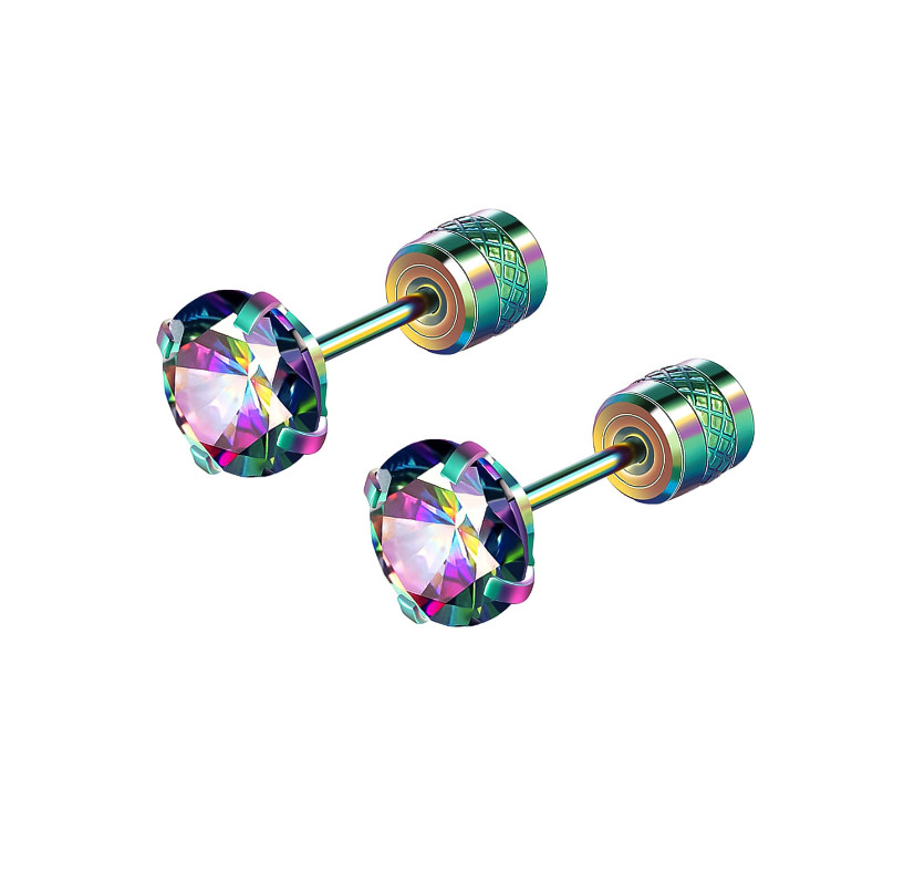 2PCS Silver Stainless Steel Round CZ Screw Back Ear Stud Earrings Men Women