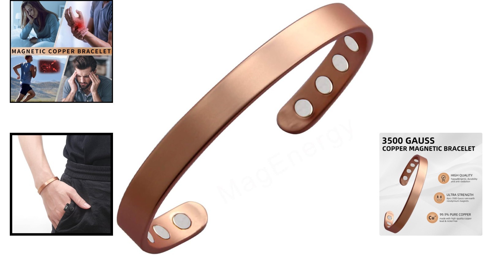 Elegant 99.9% Pure Copper Magnetic Bracelet with 8 Powerful 3500 Gauss Magnets