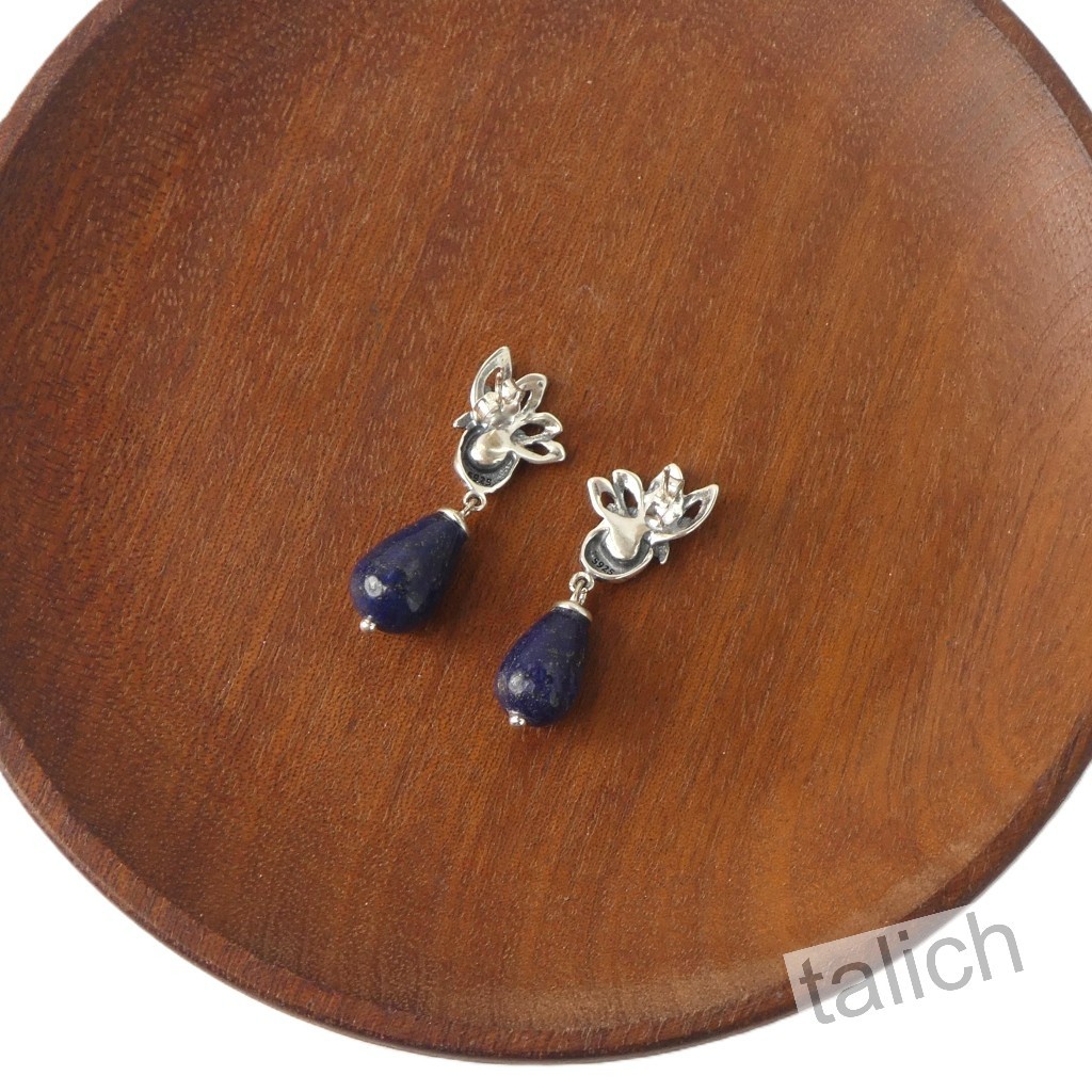 925 Sterling Silver Small Peacock Bird Earrings with Blue Lapis Bead Drop Unique