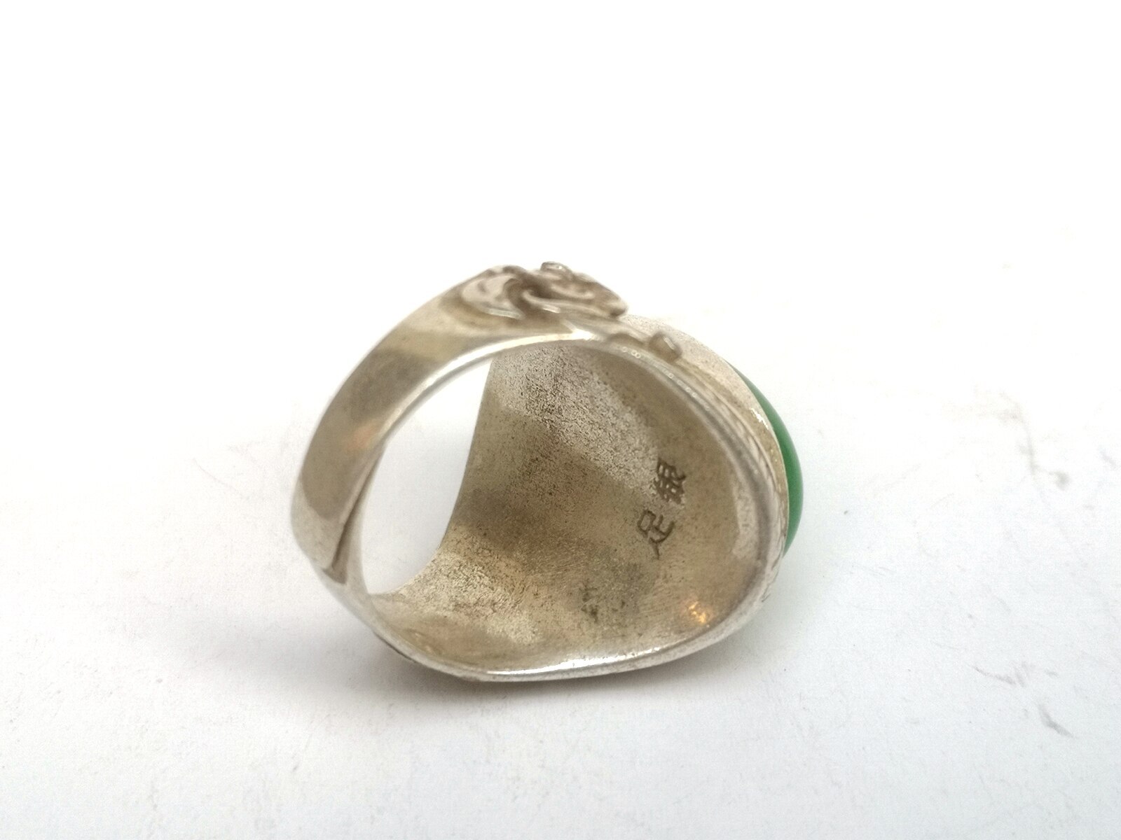 Collection Chinese Tibet Silver Carving Flower Inlay Green Jade Ring Gift