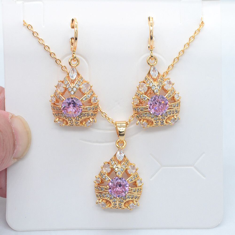 18K Yellow Gold Filled Green Topaz Water Drop Earrings & Pendant Jewelry Set