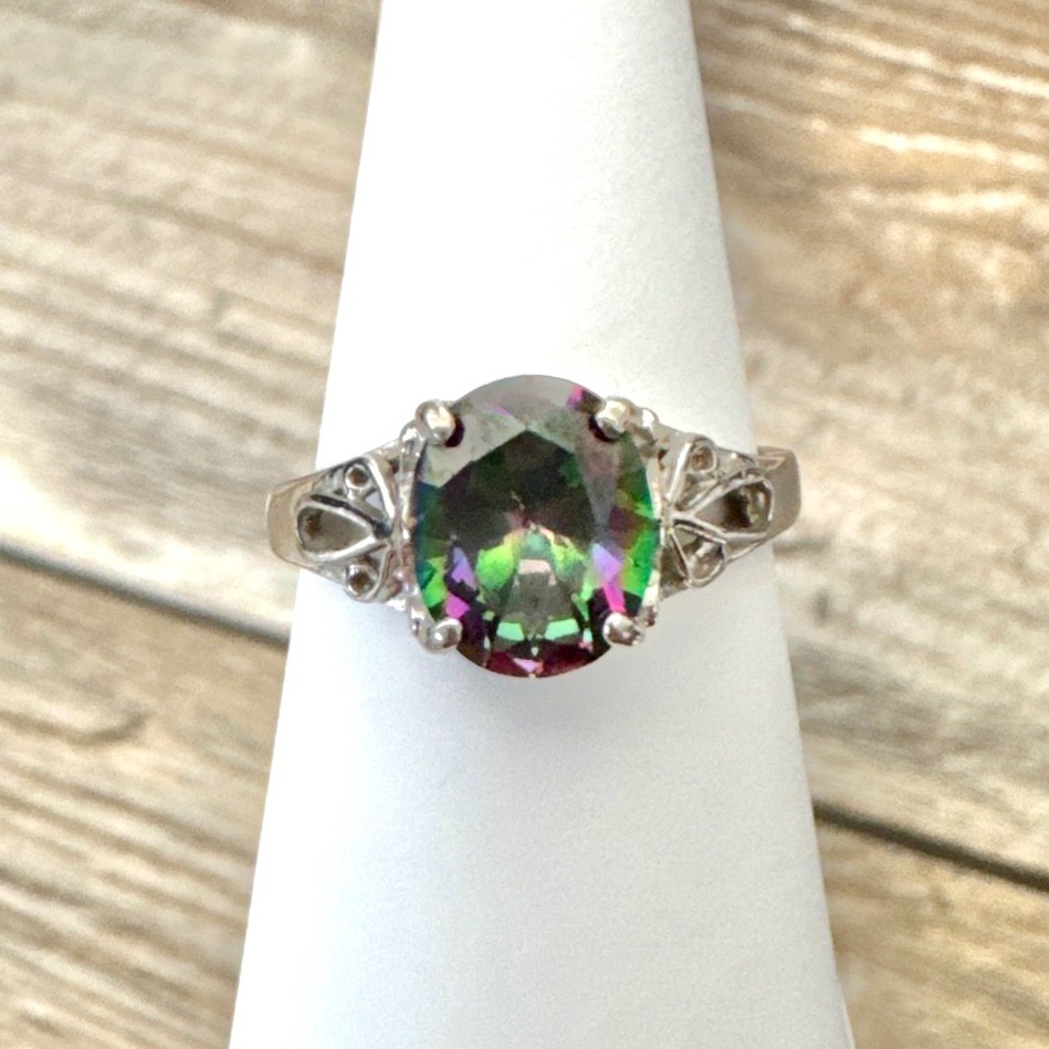 RS Covenant Mystic Rainbow Faceted Oval CZ Statement Ring RSC Silver Tone