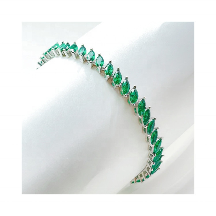 Green Marquise Cut Tennis Bracelet Silver Tone Emerald Crystal Link Bracelet